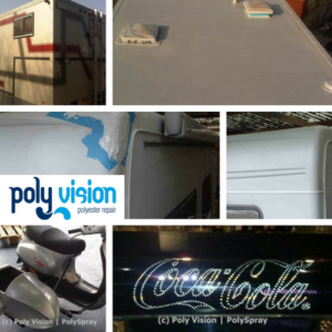 polyester reparatie, herstel camper, caravan, promotiemateriaal. Wij kunnen bijvoorbeeld het polyester dak van uw camper waterdicht maken, polyester en gelcoat schade aan uw caravan repareren of polyester promotiematerialen herstellen of aanpassen. polyester reparatie, renovatie, onderhoud, polyester herstel